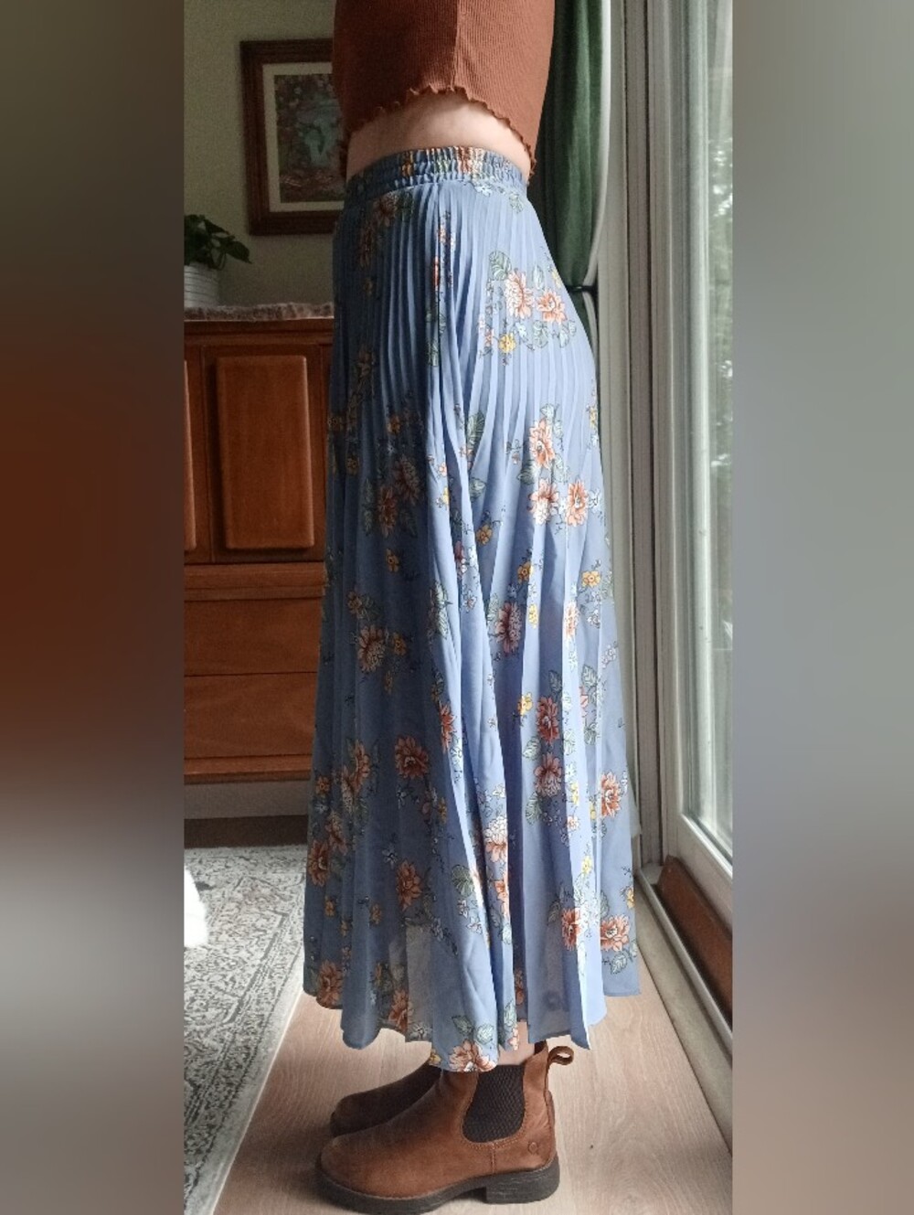 Max Studio Blue Floral Pleated Midi Skirt with Orange Accents - Picture 9 of 10